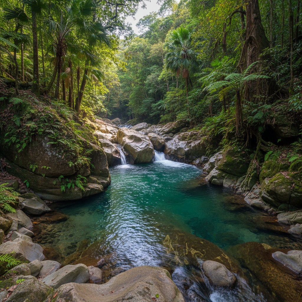 Crystal clear water flowing over granite boulders at Mossman Gorge