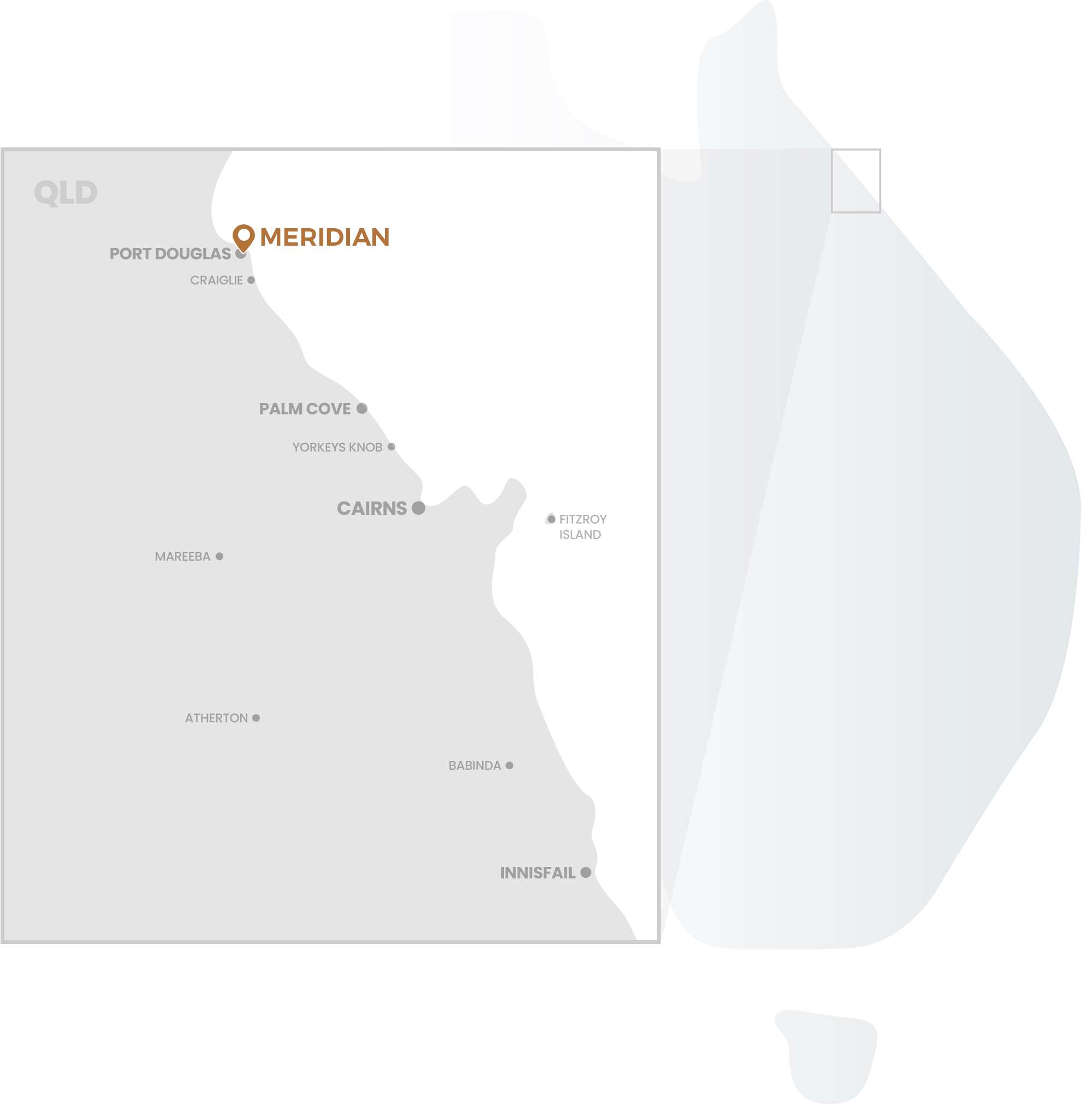 Map showing Meridian Port Douglas location — close to Four Mile Beach, Macrossan Street, and reef departure marina
